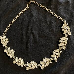 Estate Silver-Tone Enamel Leaf Necklace with White Beads